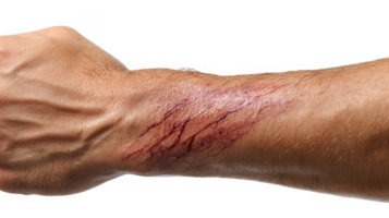 Close up of deep scratches bleeding on man's arm with transparent background png