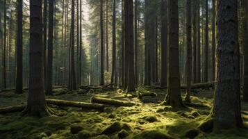 Tranquil woodland scene with sunlight streaming through towering trees photo
