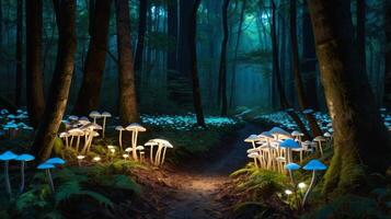 Enchanting Luminescent Mushrooms Glowing in a Mystical Forest at Twilight photo