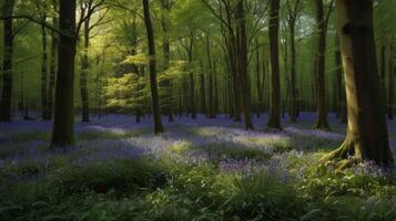 Enchanting Bluebell Woodland Scene with Sunlight Filtering Through Trees photo