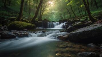 Serene Forest Stream Cascading Over Rocks Under Sunlight Filtering Through Trees photo