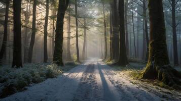 Sunlight streaming through trees in a winter forest creating a scenic view photo