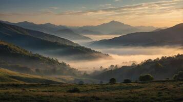 Majestic mountain range shrouded in morning mist at sunrise with golden light photo