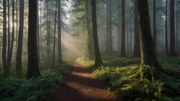 Serene Pathway Through a Misty Forest with Sun Rays and Lush Greenery photo