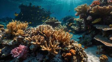 Vibrant coral reef ecosystem teeming with marine life in crystal clear waters photo
