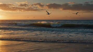 Scenic Ocean Sunset with Waves and Birds Flying over the Water Surface photo