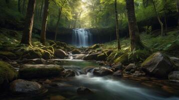 Serene Forest Waterfall Flowing Through Mossy Rocks and Lush Greenery Landscape photo