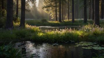 Enchanting Forest Pond at Dawn with Soft Sunlight and Lush Greenery Creating a Serene Scene photo