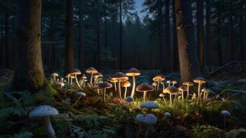 Enchanted Mushroom Grove Illuminated in a Mystical Forest at Twilight photo