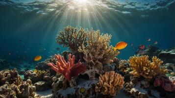 Underwater Paradise Vibrant Coral Reef Ecosystem with Sun Rays and Tropical Fish photo