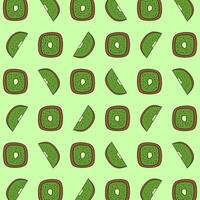 A seamless pattern whole and sliced cartoon-style kiwi fruit with bright green background. suitable for textiles, packaging, or digital backgrounds. vector