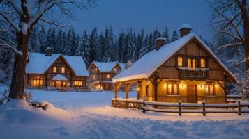Enchanted Winter Village Snow-Covered Cabins at Dusk photo