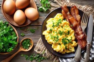 Delicious Breakfast Spread with Eggs and Bacon photo
