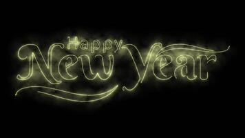 Happy New Year greeting text with particles and sparks on black night sky motion fireworks video