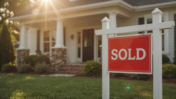 A house with a SOLD sign on the front lawn. The sun is shining brightly on the property. photo
