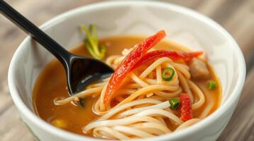 Aromatic noodle soup in a white bowl, garnished with red peppers and green onions. A black spoon rests in the bowl. photo