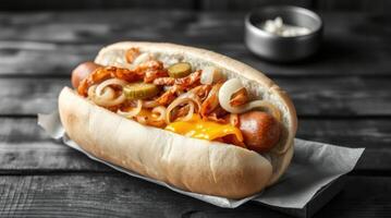 Loaded hotdog topped with cheese, pickles and onions sits on a black wooden table, a snack meal. photo