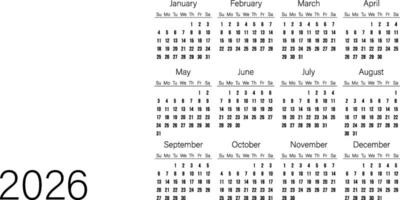 Minimalist 2026 yearly calendar template with simple black and white design vector