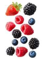 Fresh raspberries blackberries blueberries and strawberry falling png