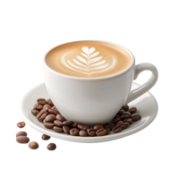 A cup of latte art coffee with roasted beans on a saucer png