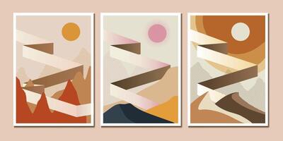 A collection of abstract, earthy-tone travel posters promoting adventure, exploration, and stillness with modern minimalist design vector