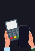 Illustration of smartphone payment using EDC machine, representing modern digital transactions, contactless payment, and cashless shopping experience. vector