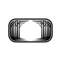 Minimalist Forest Silhouette in Rounded Frame, Black and White. vector