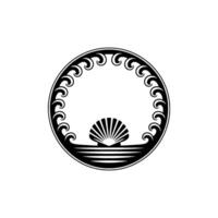 Elegant Shell and Wave Crest Frame Black White Circle. vector