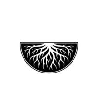 Black and White Tree Roots Emblem in a Semicircle, Minimalist. vector