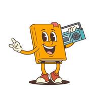 Orange Happy Cartoon Book Mascot Holding Vintage Cassette Player On Shoulder Showing Rock Gesture vector