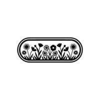 Minimalist Floral Black White Meadow in Oval Frame, Flowers vector