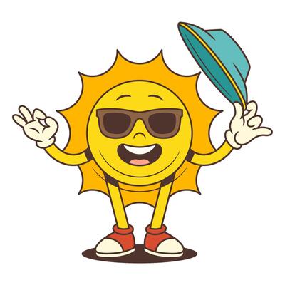 Cheerful Vintage Cartoon Sun Mascot Wearing Sunglasses Tipping Seafoam Hat Showing Ok Gesture