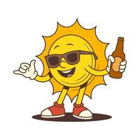 Cartoon sun character with sunglasses and drink vector