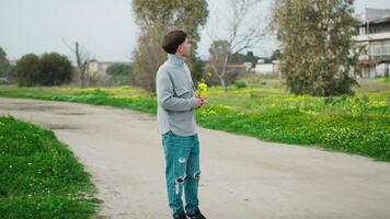 Man In Love Walking Home With Yellow Flowers For Valentines Day video