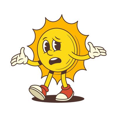 Sad Vintage Cartoon Sun Mascot Walking With Arms Spread Expressing Disappointment Illustration
