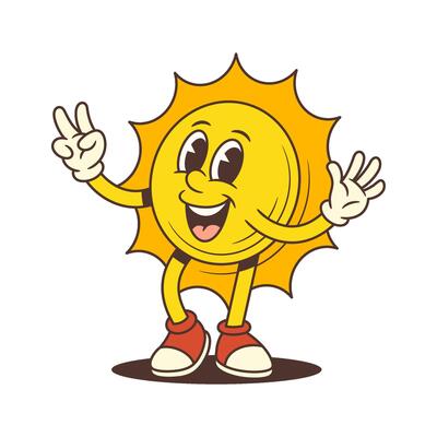 Happy Vintage Cartoon Sun Mascot Smiling Widely And Showing Victory Hand Gesture
