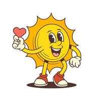 Smiling Cartoon Sun Mascot Holding Red Heart Symbol with Cheerful Expression Illustration vector