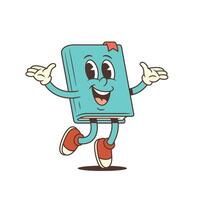 Blue Cartoon Book Mascot Jumping With Open Arms In Cheerful Welcoming Pose Illustration vector