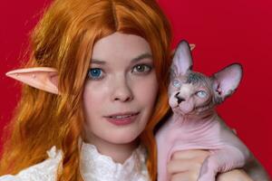 Portrait of ginger young woman cosplay elf in white dress with expressive eyes of different colors, holding Sphinx kitten. Woman with long curly hair looking at camera. Red background. photo