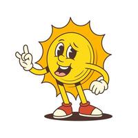 Cheerful Cartoon Sun Mascot Standing and Making Rock Hand Gesture in Retro Style Illustration vector