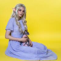 Young blonde woman cosplay elf with eyes of different colors sits on yellow background, holds Sphinx cat on lap, looks at camera. Elf has nice curly long hair, ear decorated with pearls. Copy space. photo