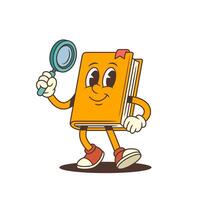 Cartoon Book Character With Magnifying Glass And Red Shoes Smiling Emoji Style Illustration vector