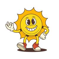 Happy Cartoon Sun Mascot Walking Forward with OK Gesture in Retro Style Illustration vector