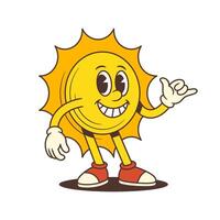 Cartoon Sun Mascot Smiling and Showing Hang Loose Hand Sign in Retro Style Illustration vector