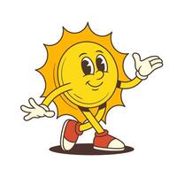 Confident Sun Mascot Walking Forward and Pointing with Open Palm in Retro Style Illustration vector