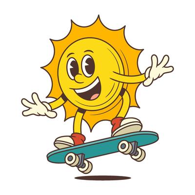 Cheerful Cartoon Sun Mascot Riding Skateboard Wearing Sneakers and Gloves Illustration