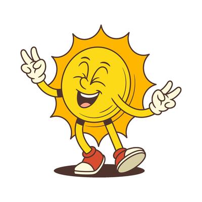 Happy Cartoon Sun Mascot Dancing With Closed Eyes Showing Victory Sign Illustration