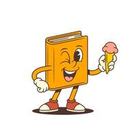 Orange Cartoon Book Mascot Winking Happily While Holding Pink Ice Cream In Waffle Cone Illustration vector