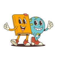 Orange Book Mascot Hugging Globe And Showing Positive Ok Hand Sign Together Smiling Illustration vector