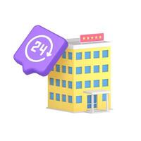 3d Realistic Icon Of Modern Yellow Hotel Building With Stars And 24 Hour Service Button vector